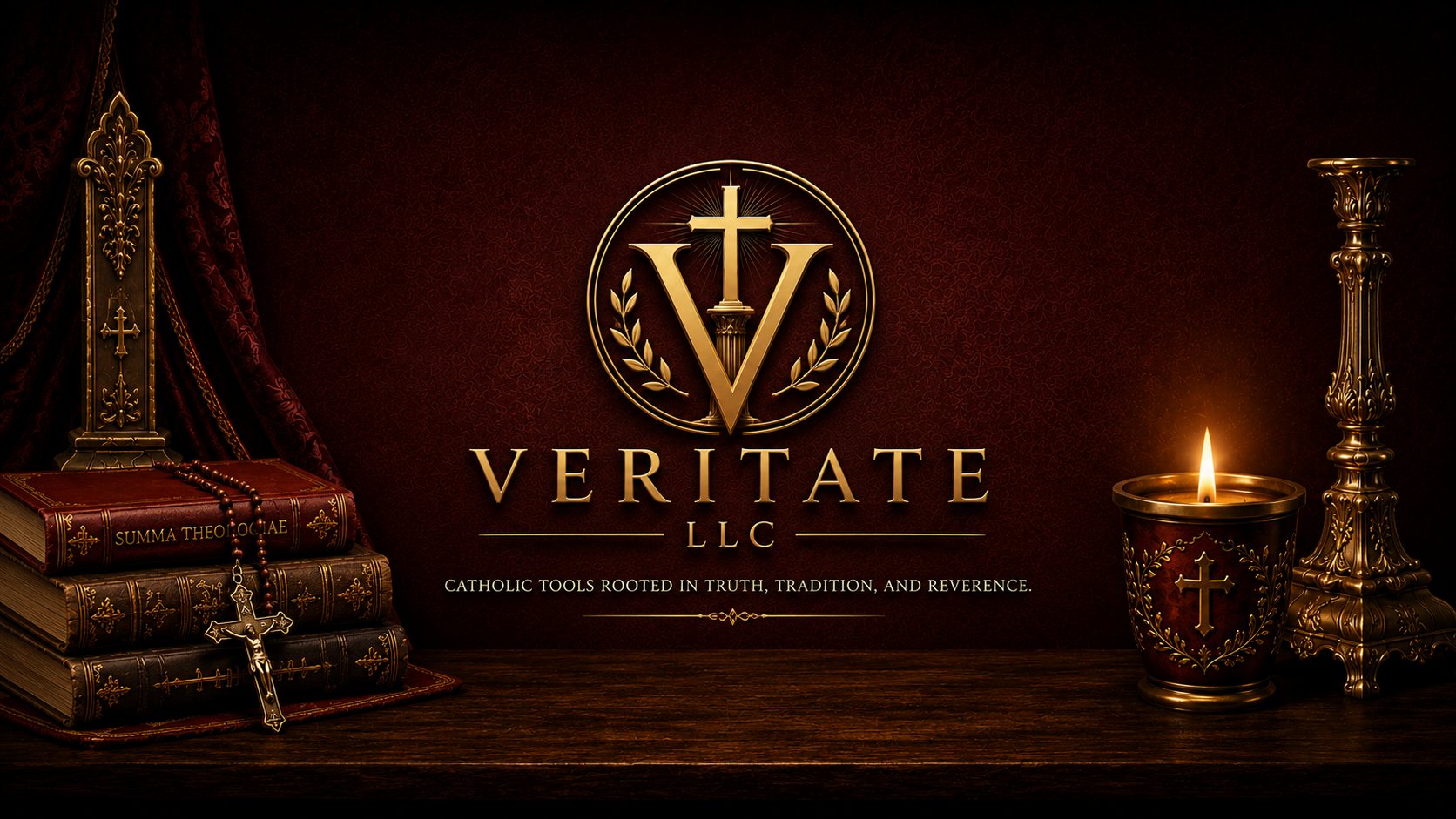 Veritate branding with Catholic books and candle